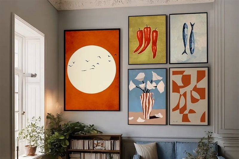 Cohesive gallery wall featuring five colorful artworks in a home