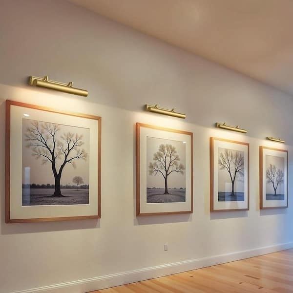 Four framed tree artworks illuminated by individual picture lights