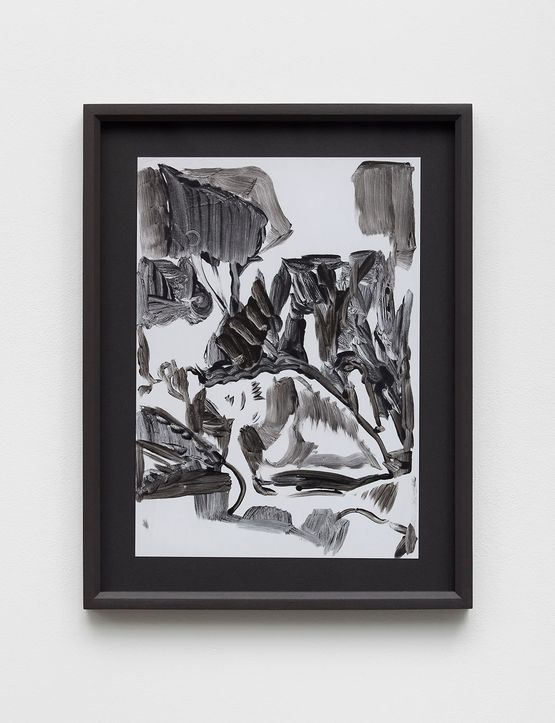 Framed contemporary monotype with abstract black and gray brushwork